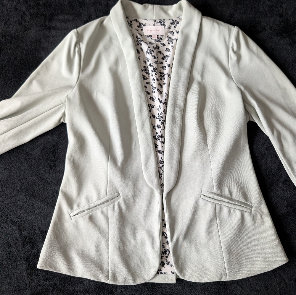 Sage Green Open Front Scuba Blazer Floral Lining Office Casual Feminine Sz S image 9